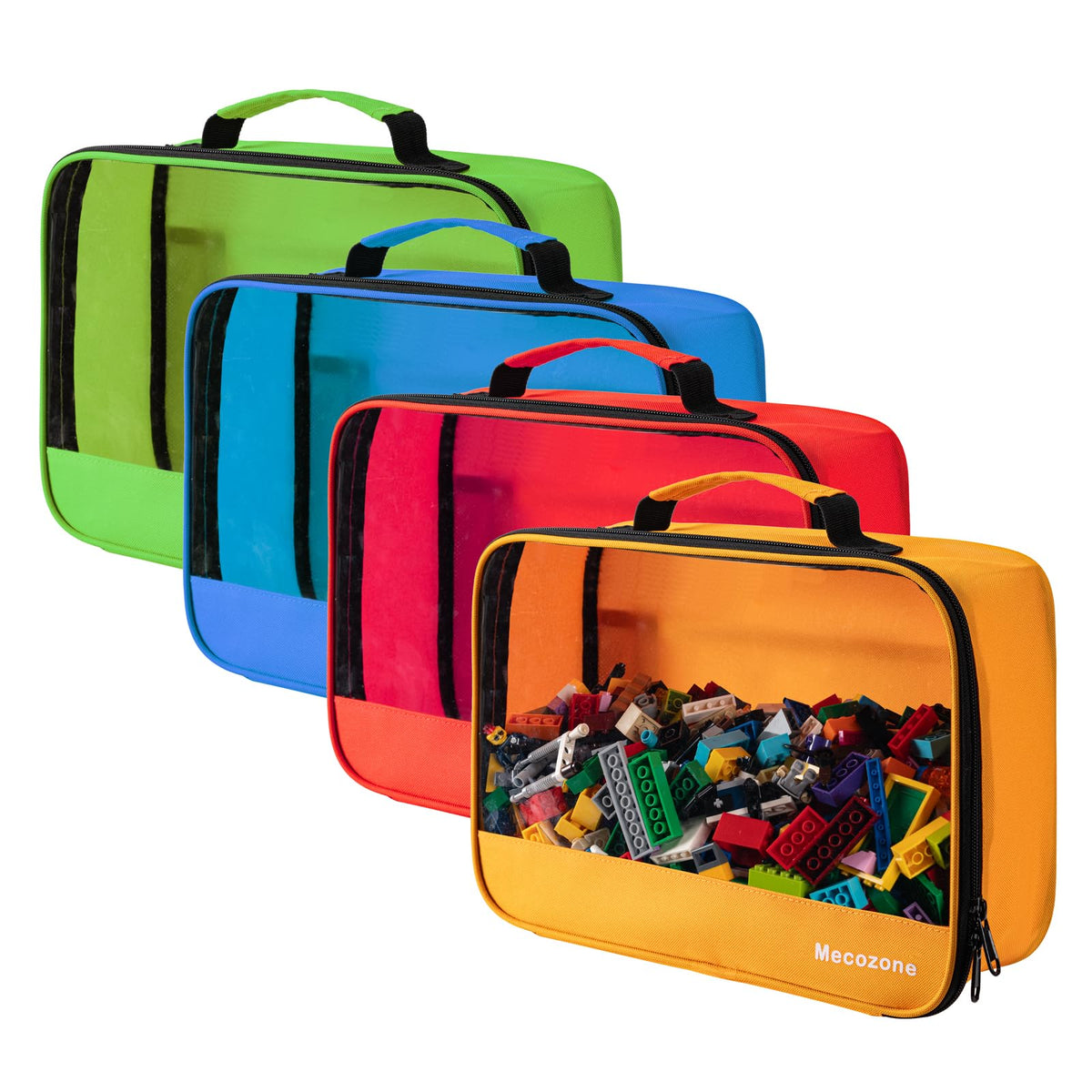 Mecozone four-pcs toys storage bag front view showing clear PVC panel for quick content check