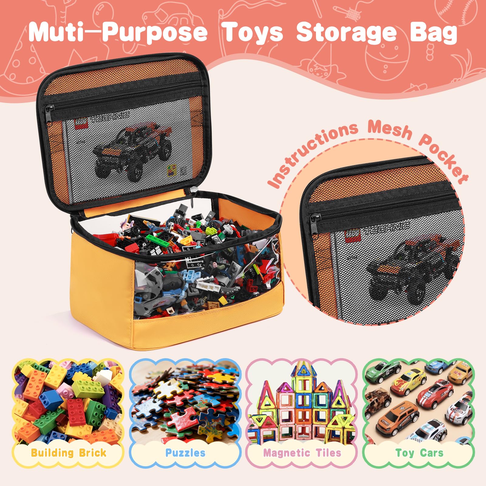 Mecozone toy storage bags with transparent front for quick content check.
