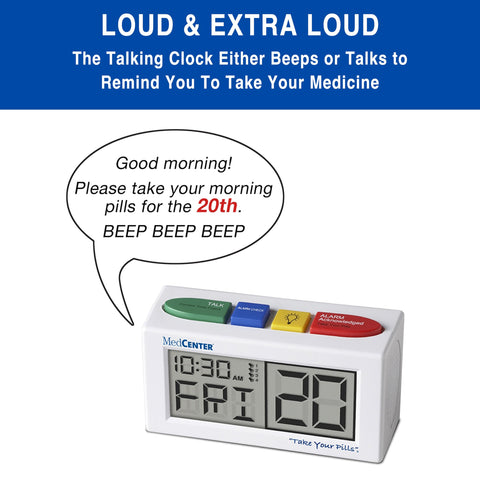 MEDCENTER Alarm Clock shows four daily alarms for dosing reminders