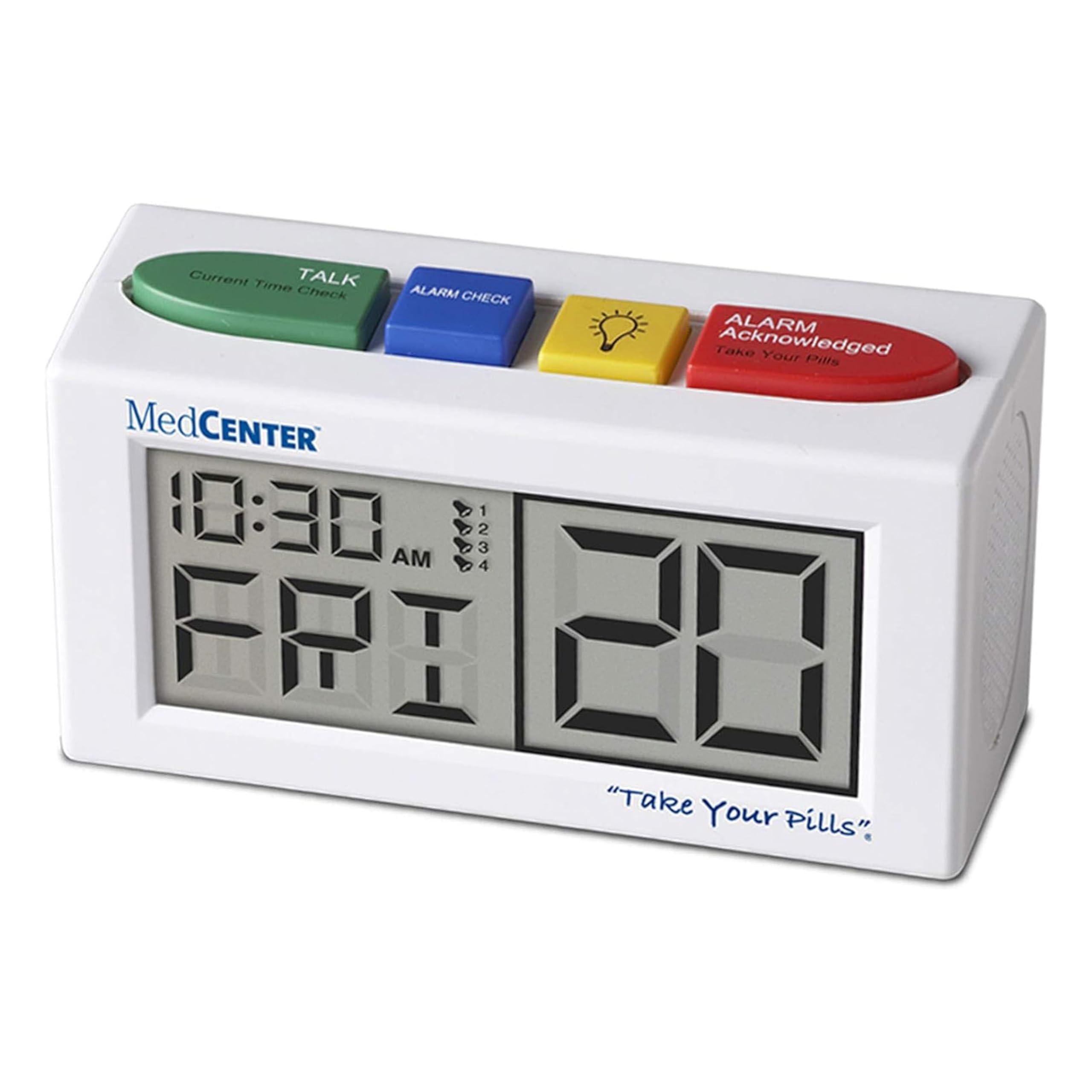 MEDCENTER Talking Alarm Clock front view with clear display for easy reading