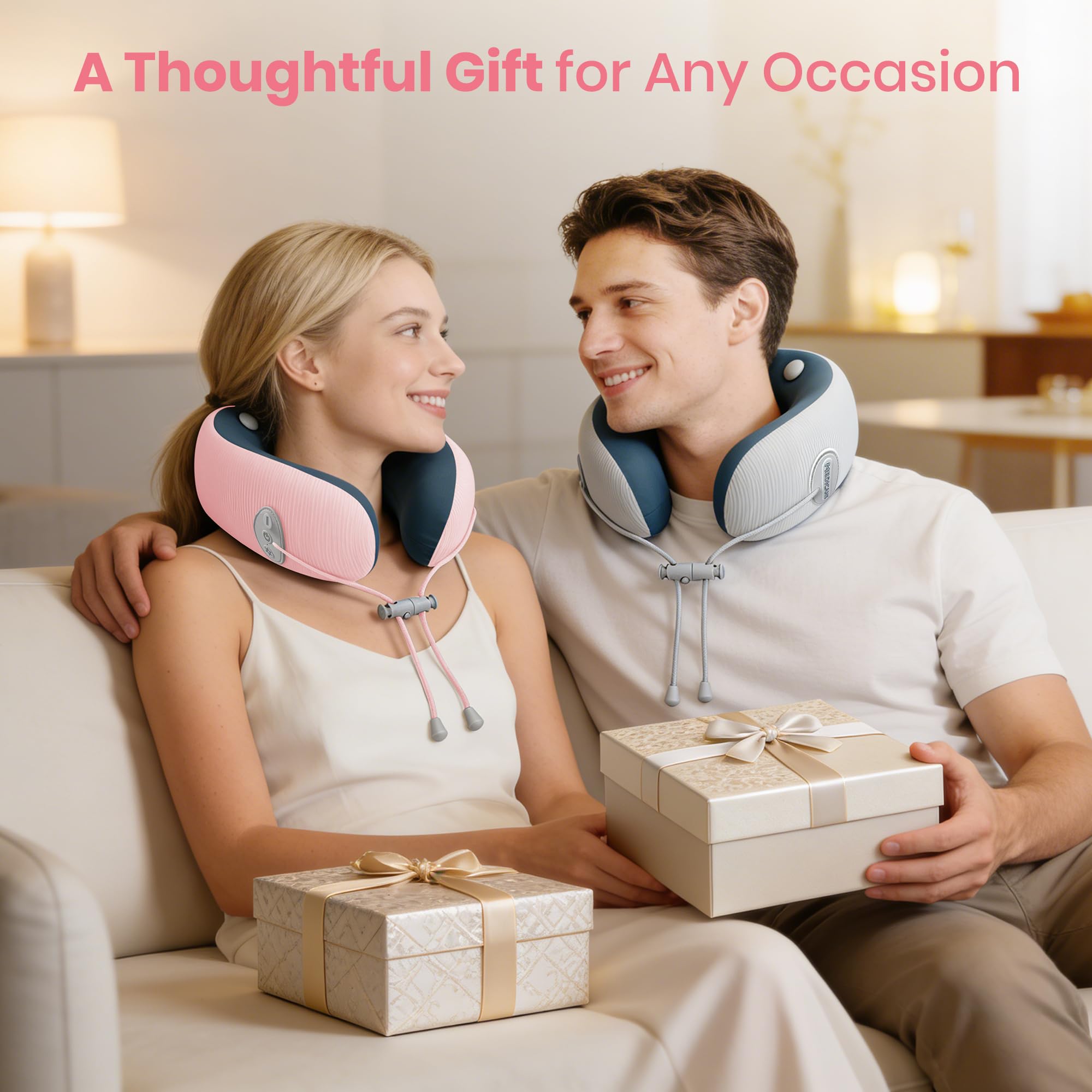 Medicane pink neck travel pillow with adjustable strap for secure, customizable fit.