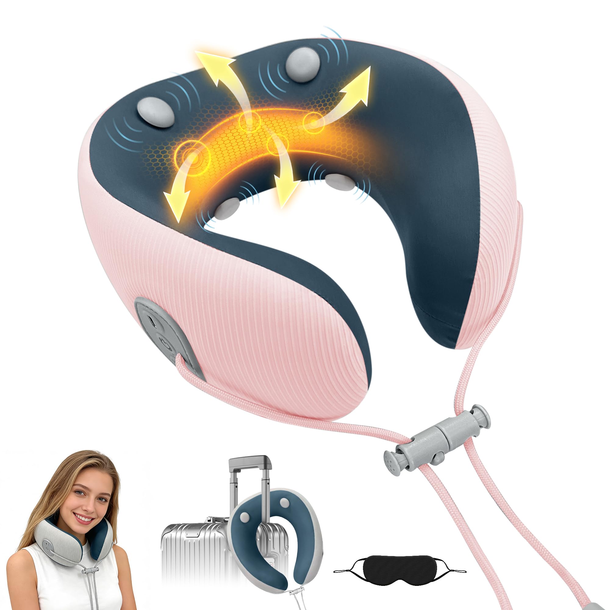 Medicane pink neck travel pillow with massage for relaxing neck relief during travel.