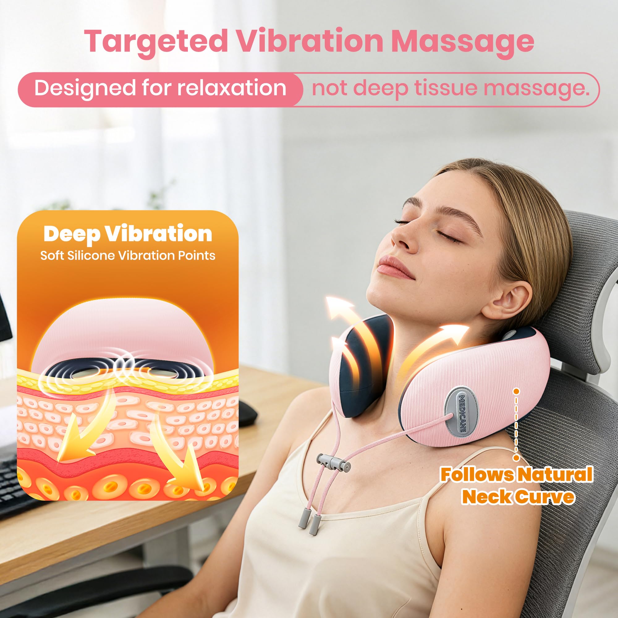 Medicane pink neck travel pillow features quiet design ideal for planes and offices.