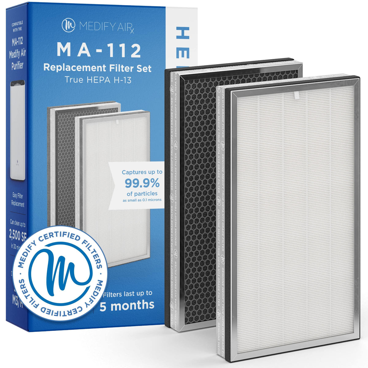 Medify MA-112 pre-filter captures large particles for easier filtration.