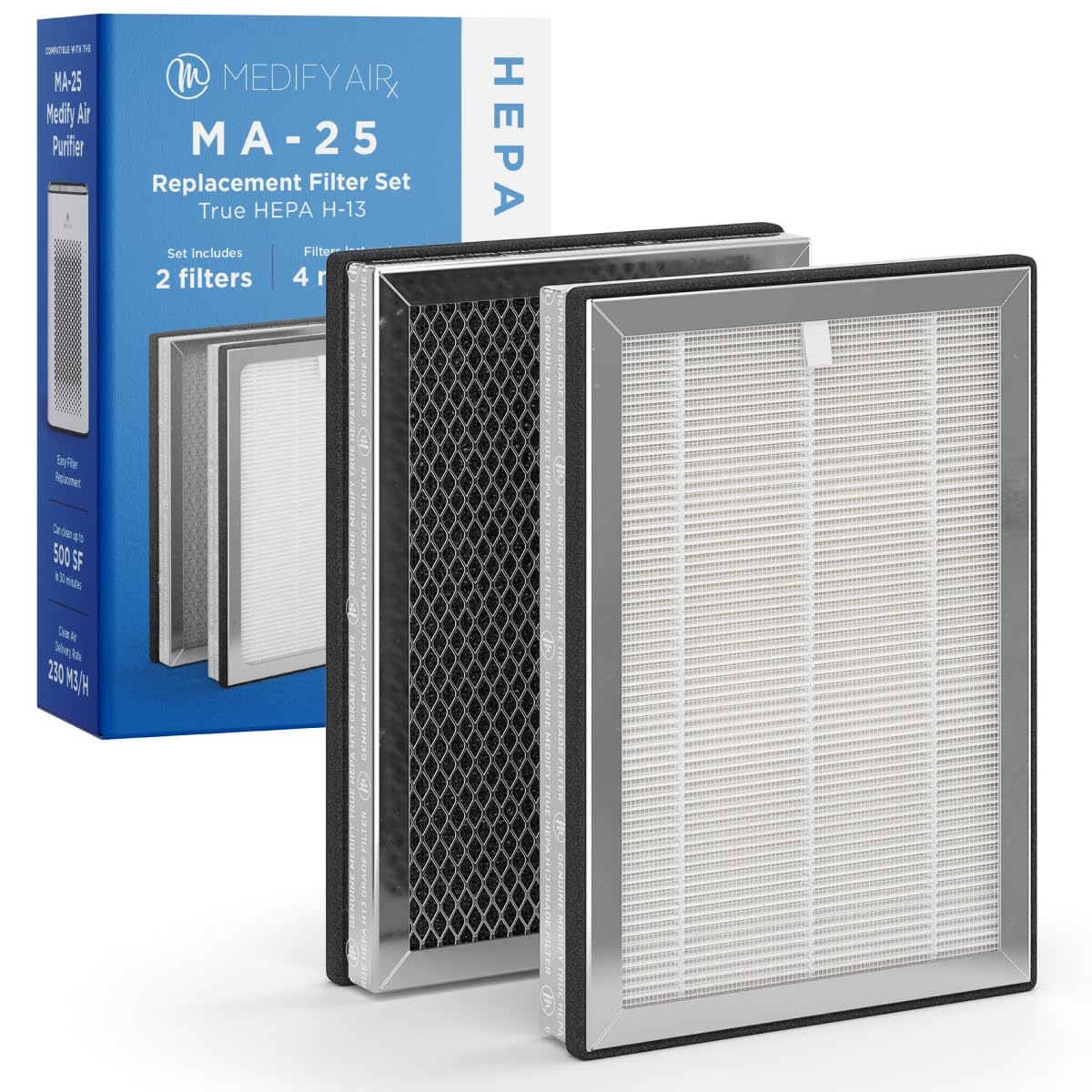 Medify MA-25 pre-filter captures large particles to protect the main filter.
