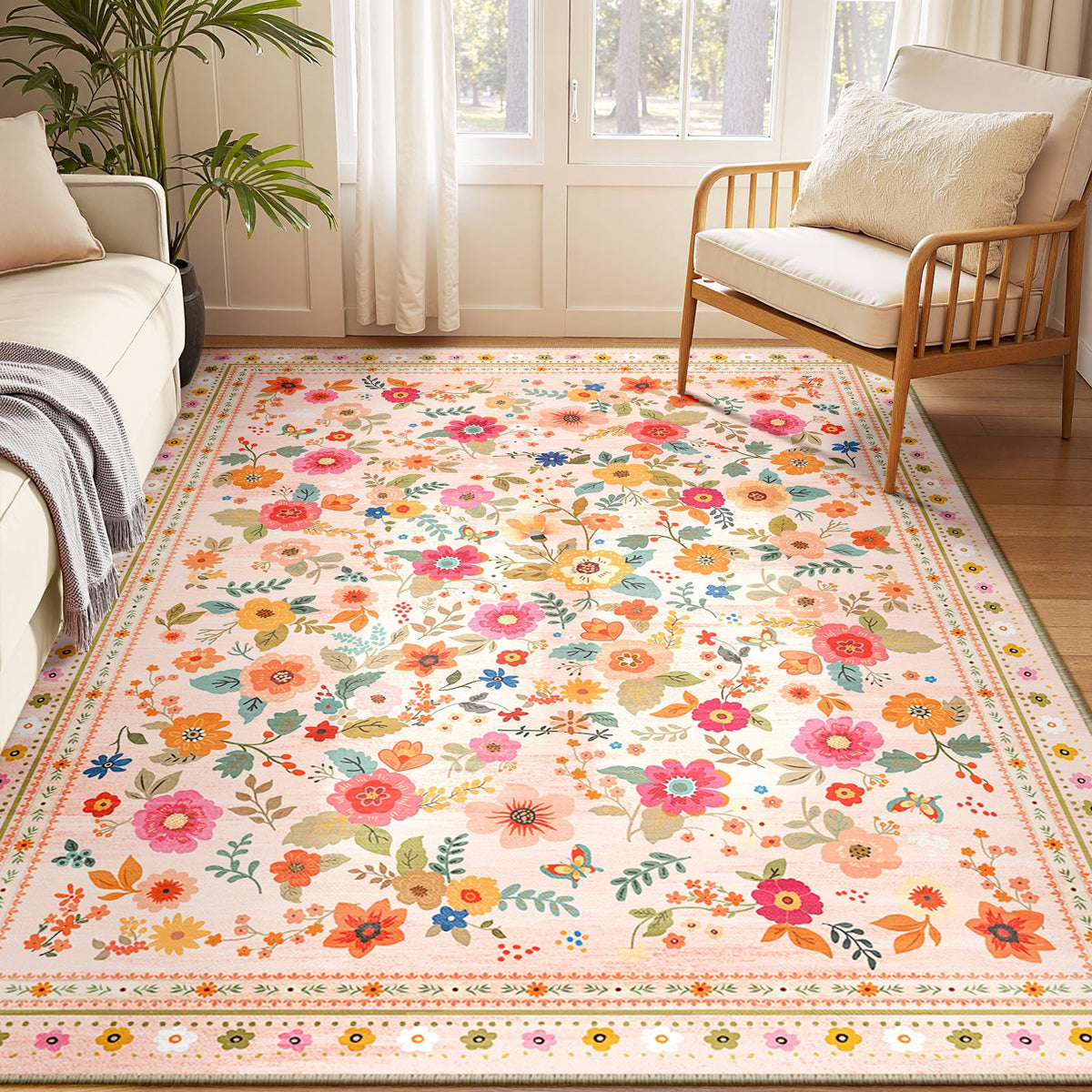 Meejou 5x7 area rug in pink-beige enhances living room ambiance