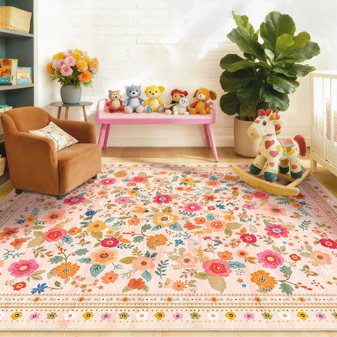 Meejou color-printed rug retains vibrant patterns under varied lighting