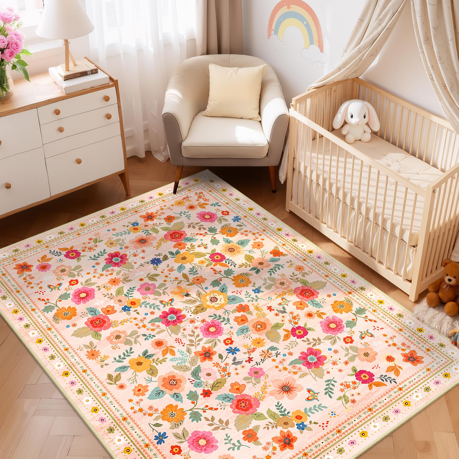 Meejou floral pattern rug with faux-wool texture adds warm charm to bedroom
