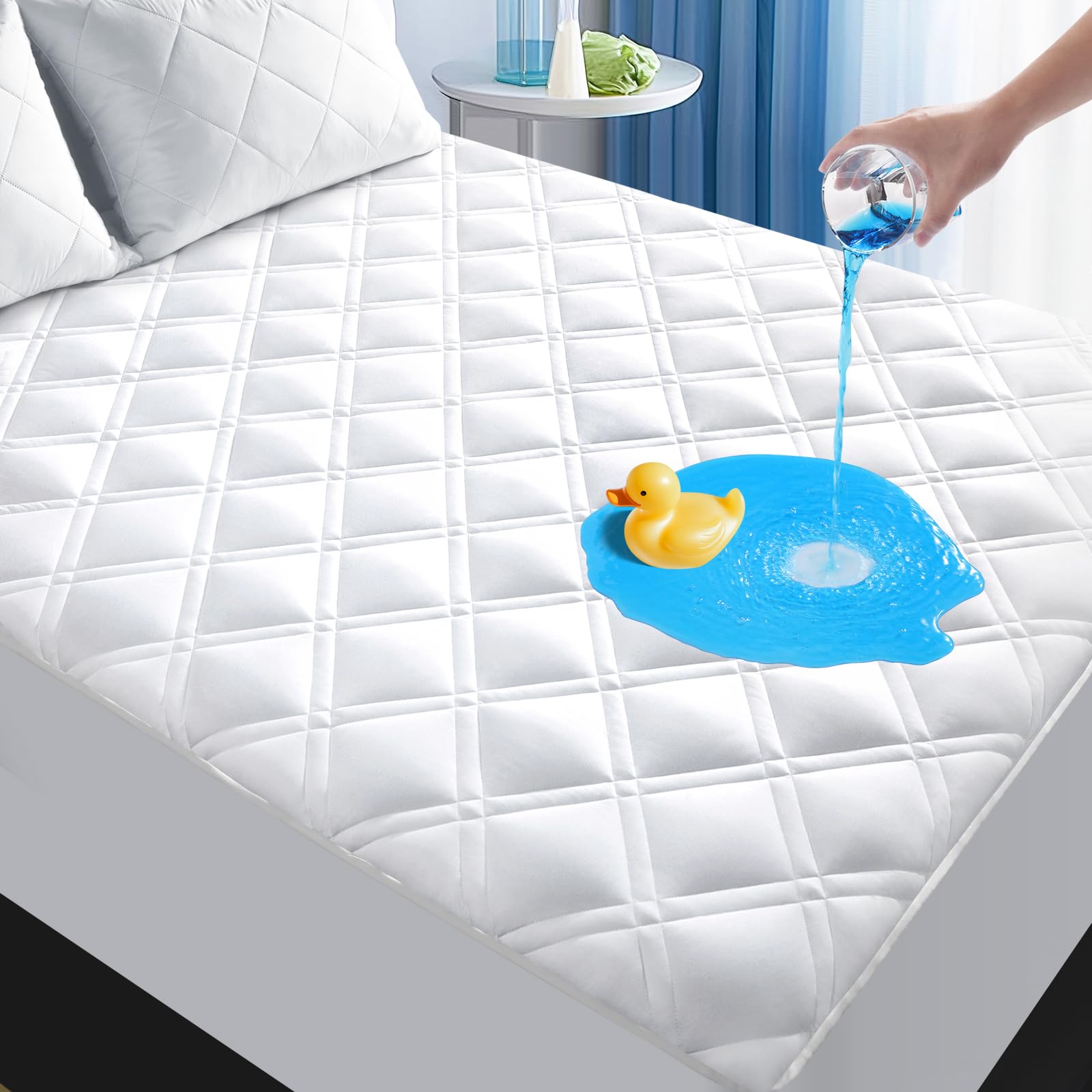 MEELUS padded king mattress protector top view with waterproof layer for clean, dry beds.