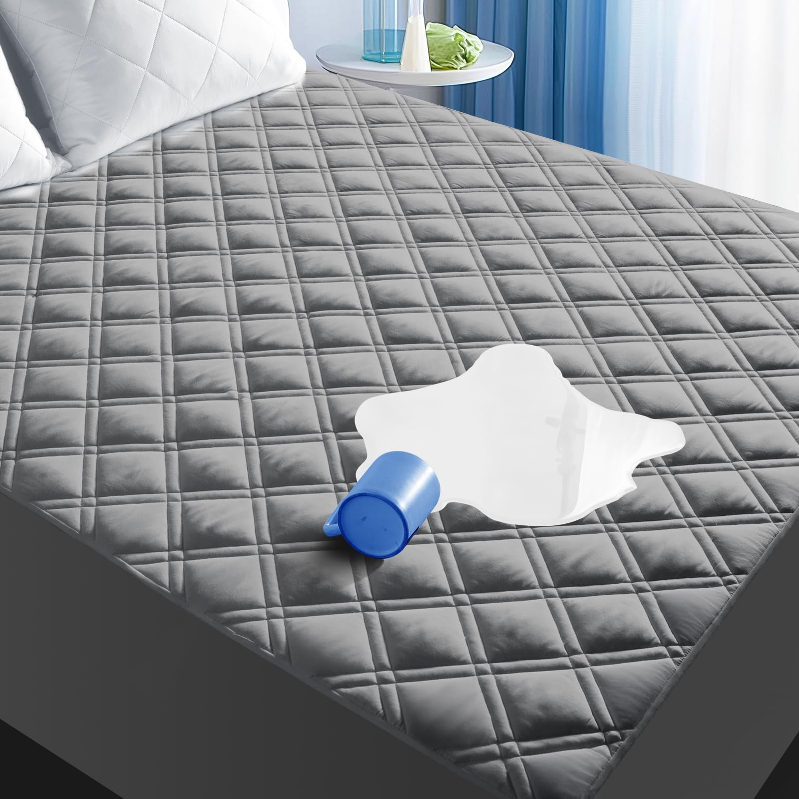 MEELUS queen mattress protector with waterproof barrier blocks spills for a clean mattress
