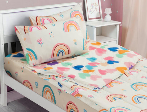 Meeting Story kids comforter twin rainbow pattern on a cozy bed for a cheerful sleep space.