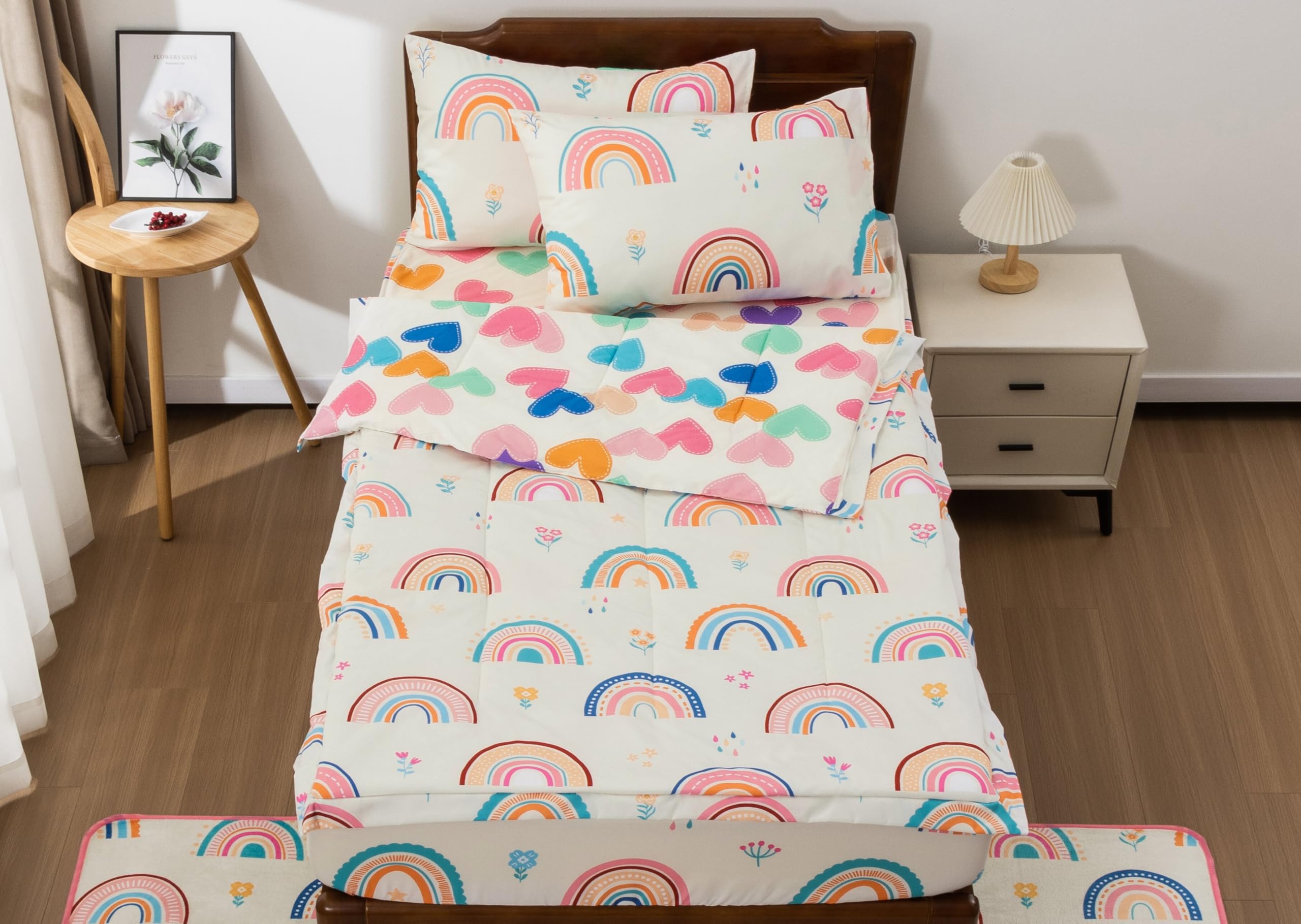 Meeting Story twin comforter front view shows bright rainbow motif ideal for playful rooms.