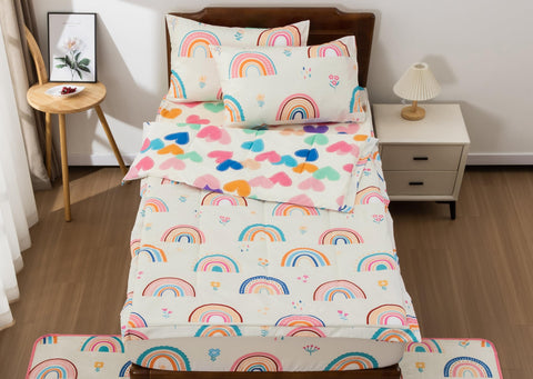 Meeting Story twin comforter front view shows bright rainbow motif ideal for playful rooms.