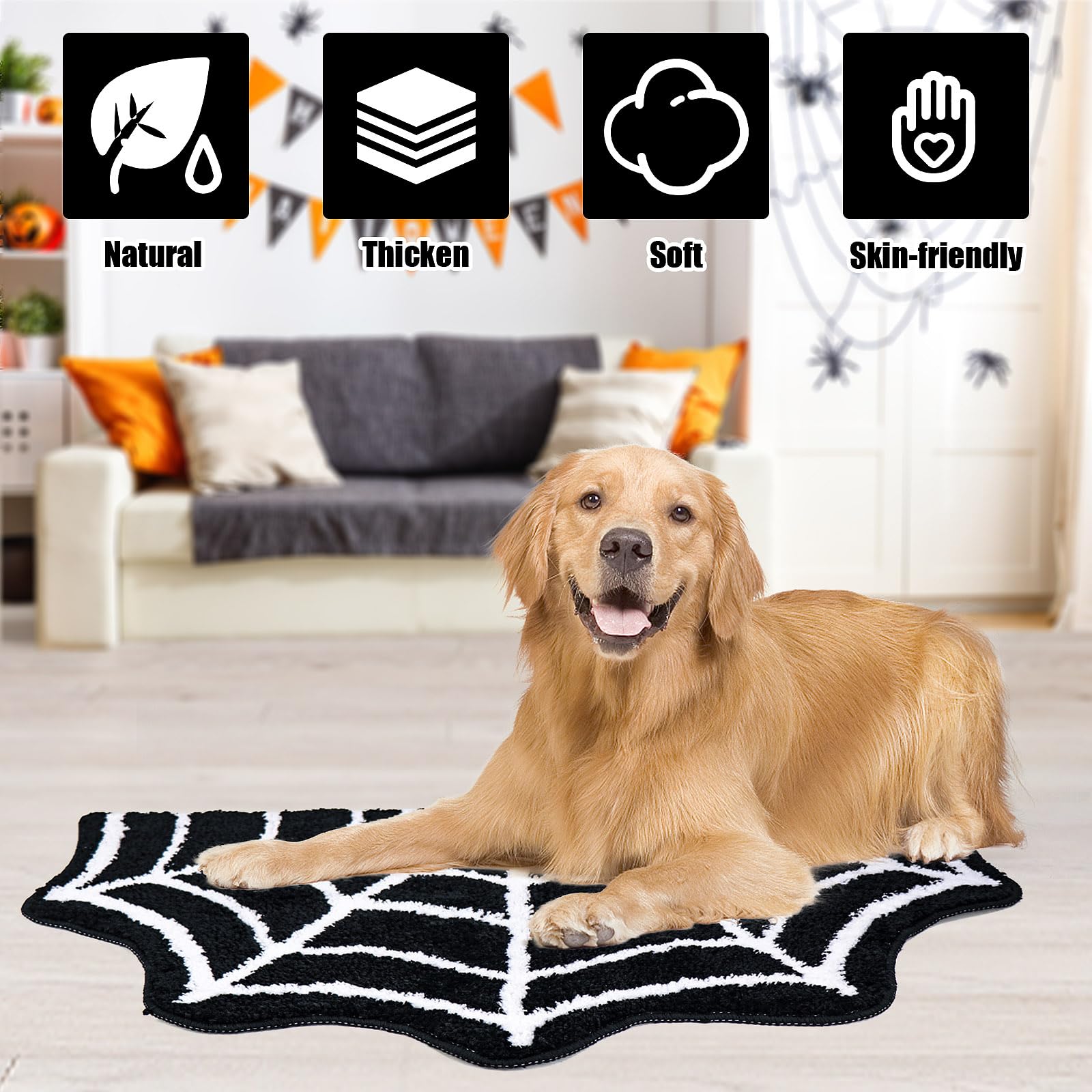 Meetory spider web machine-washable mat simplifies cleaning after parties.