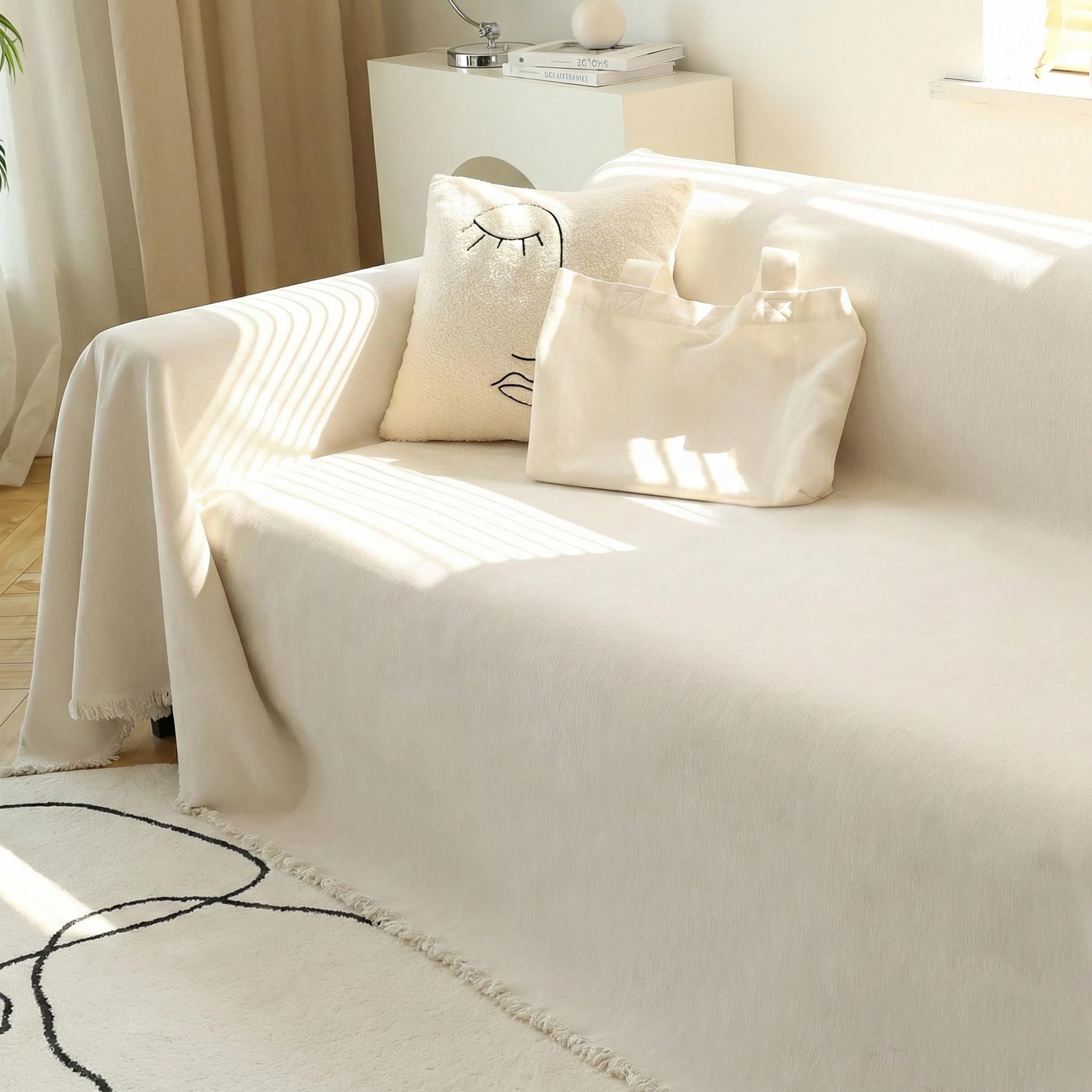 Meetsky couch cover for 3-cushion beige sofa protects against wear while adding style