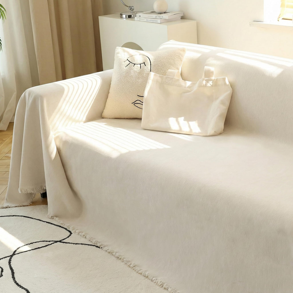 Meetsky couch cover for 3-cushion beige sofa protects against wear while adding style