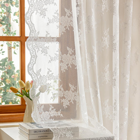MEETSKY white lace curtains, 84-inch pair, for living room ambiance with soft light filtering