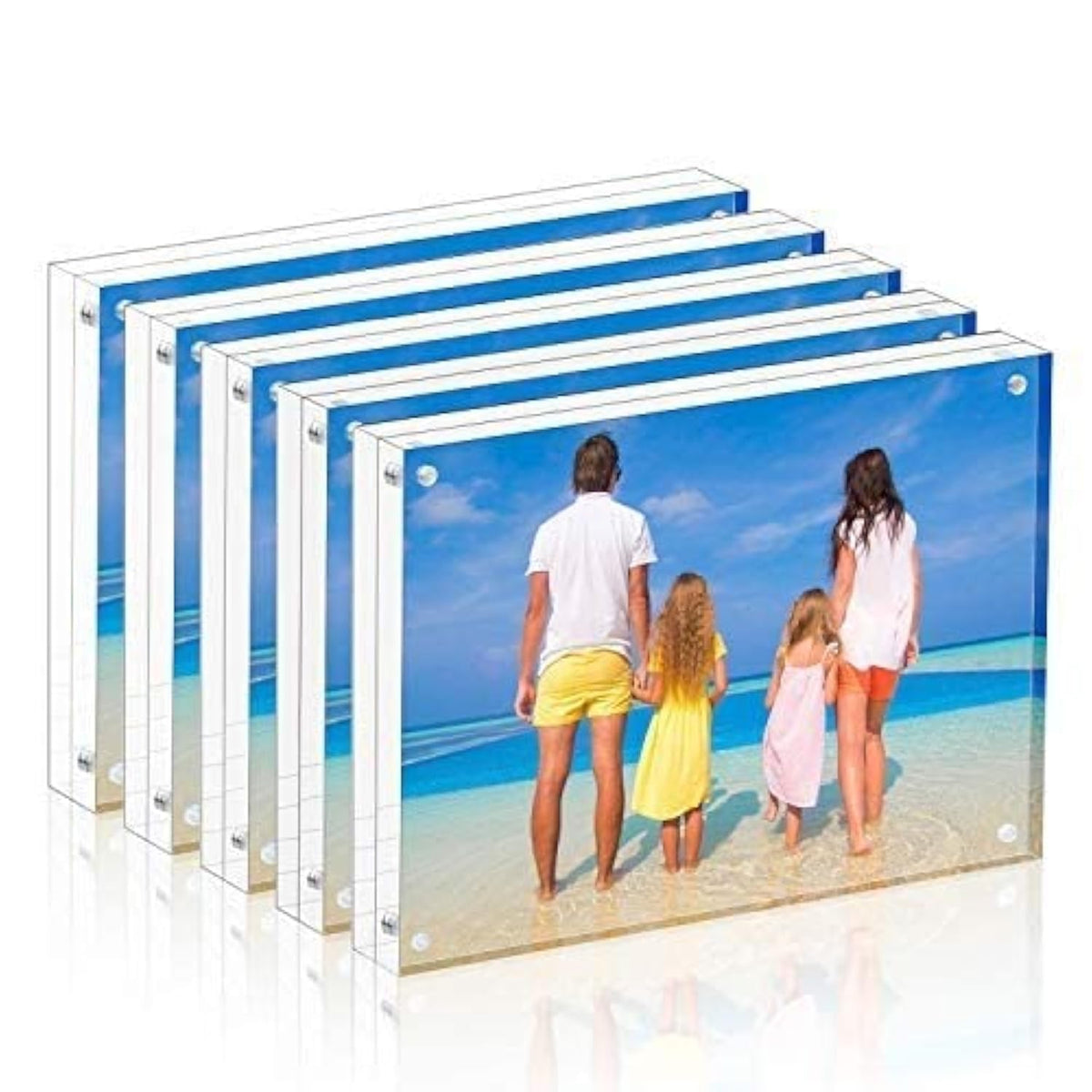 Meetu acrylic frame 4x6 doublesided displays two photos on a clean desk.