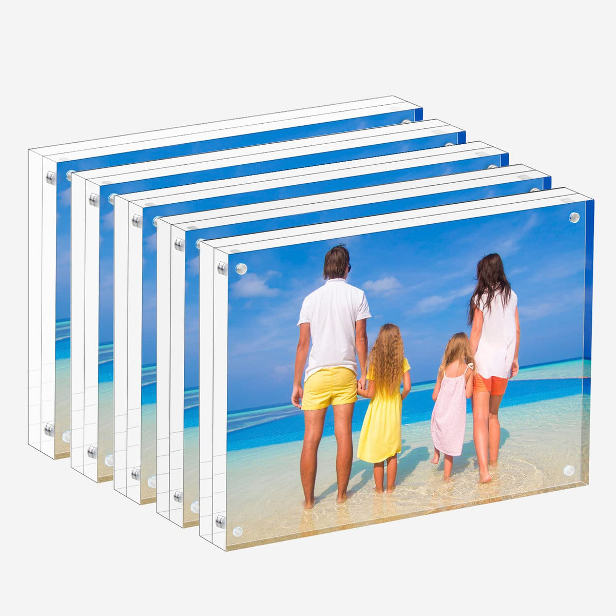 Meetu acrylic frame 5x7 front view showing edge-to-edge clarity for desktop displays