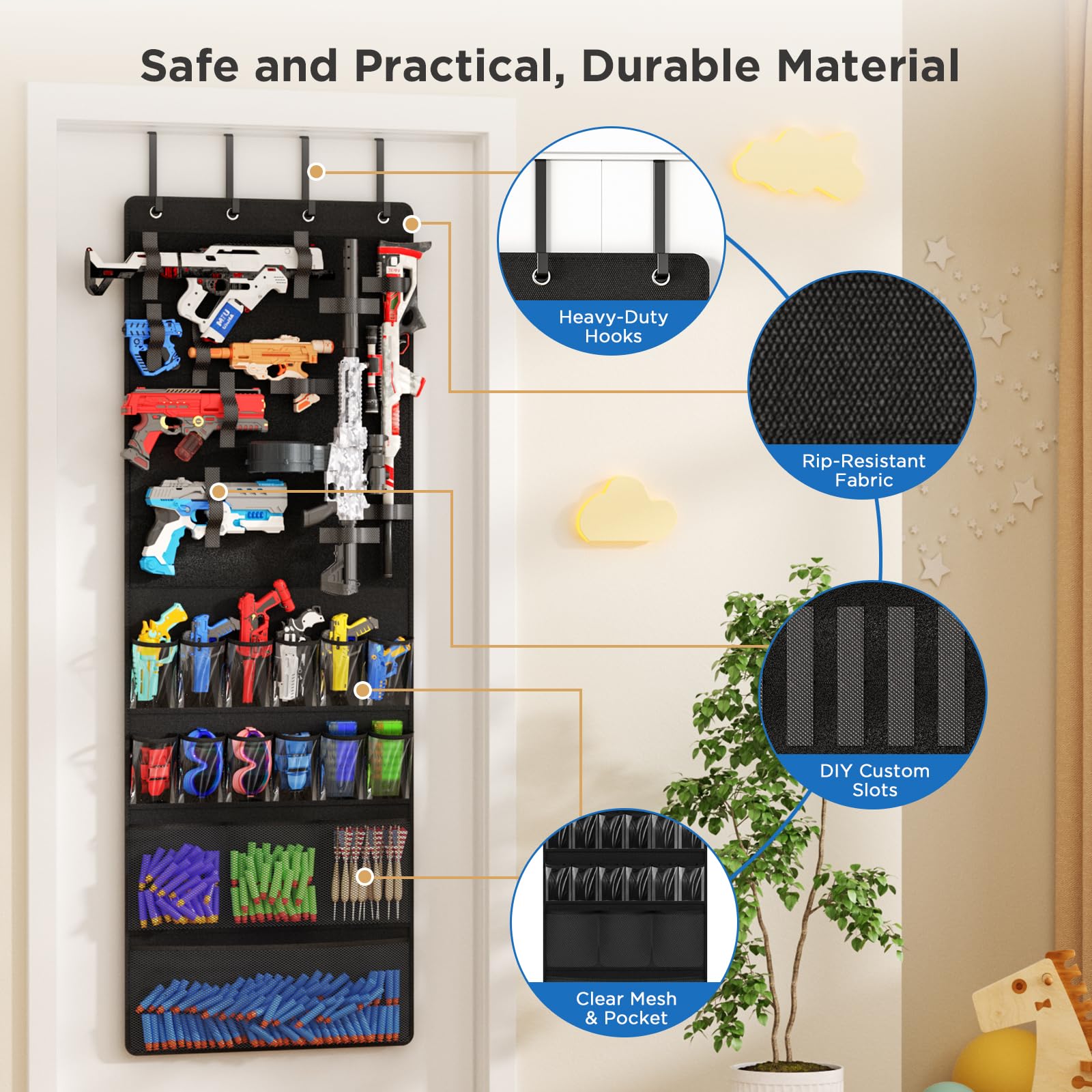 Mefirt door-mounted storage keeps toy guns neatly displayed on doors.