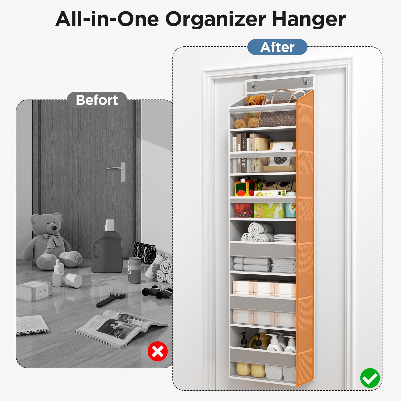 Mefirt door organizer fits bedroom, bathroom, and nursery storage needs.