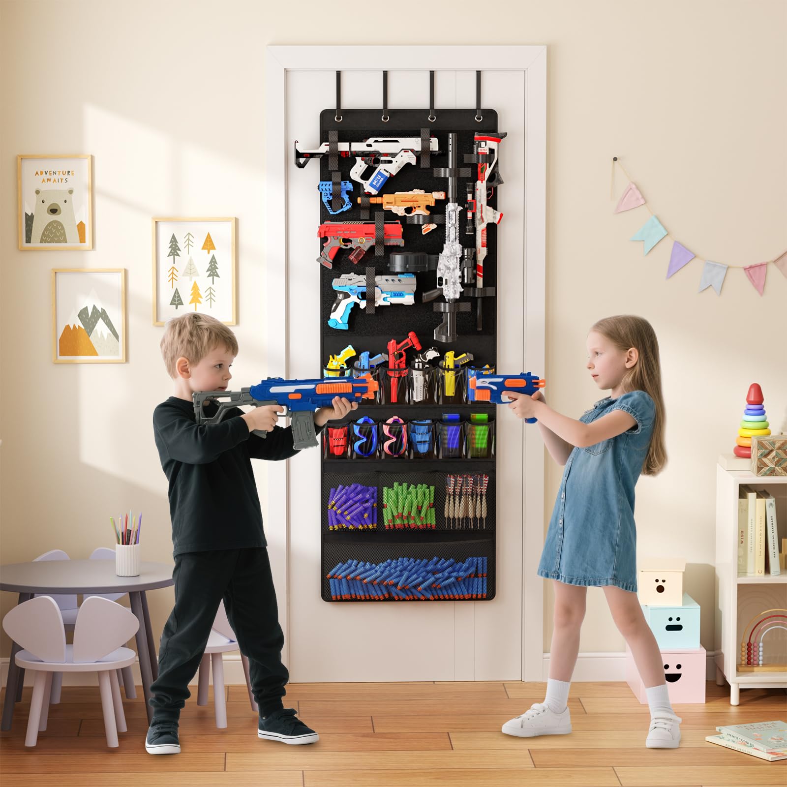 Mefirt toy guns organizer pocket layout showing 16 pockets for organized play.