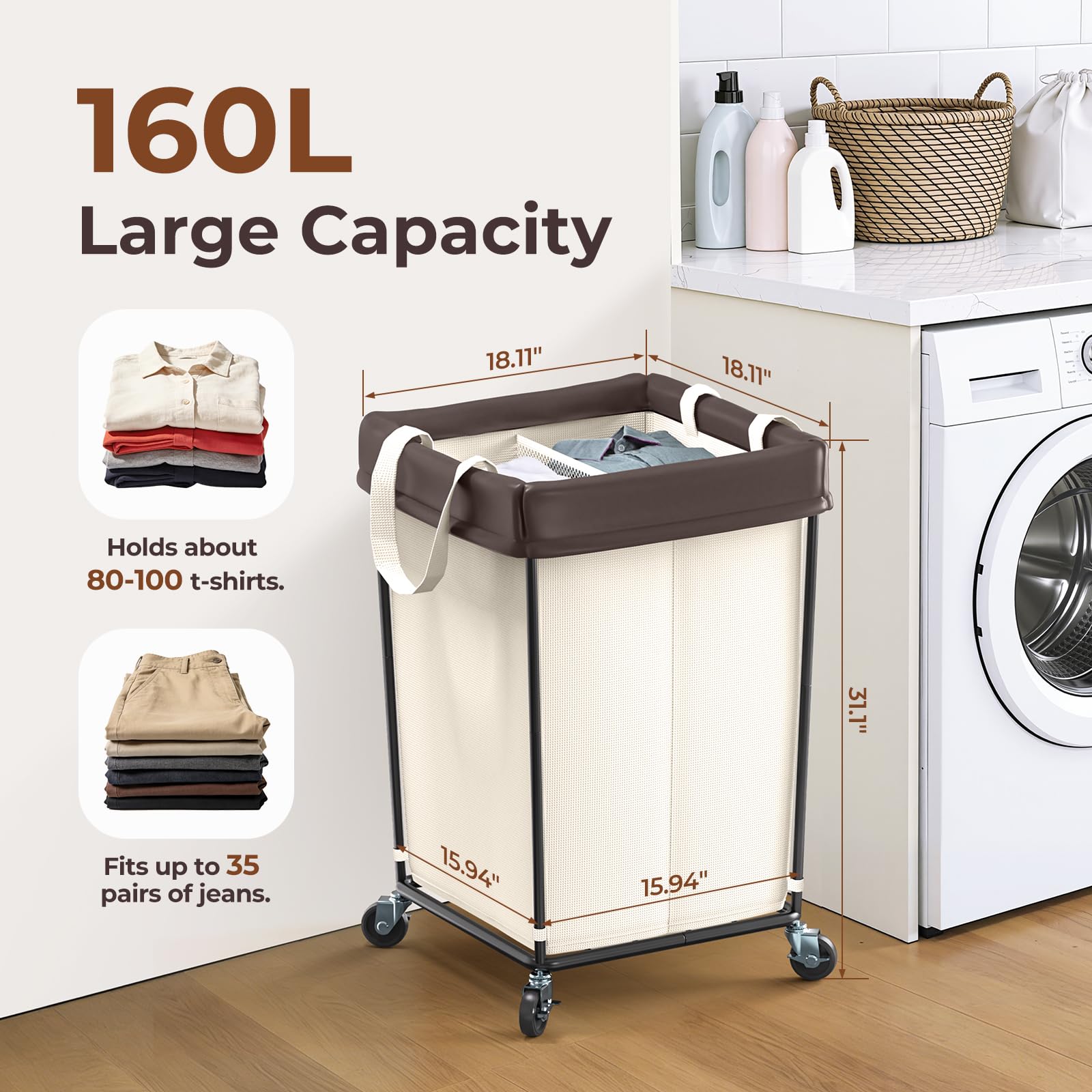 Mefirt rolling laundry cart with 2-section design aids quick sorting.