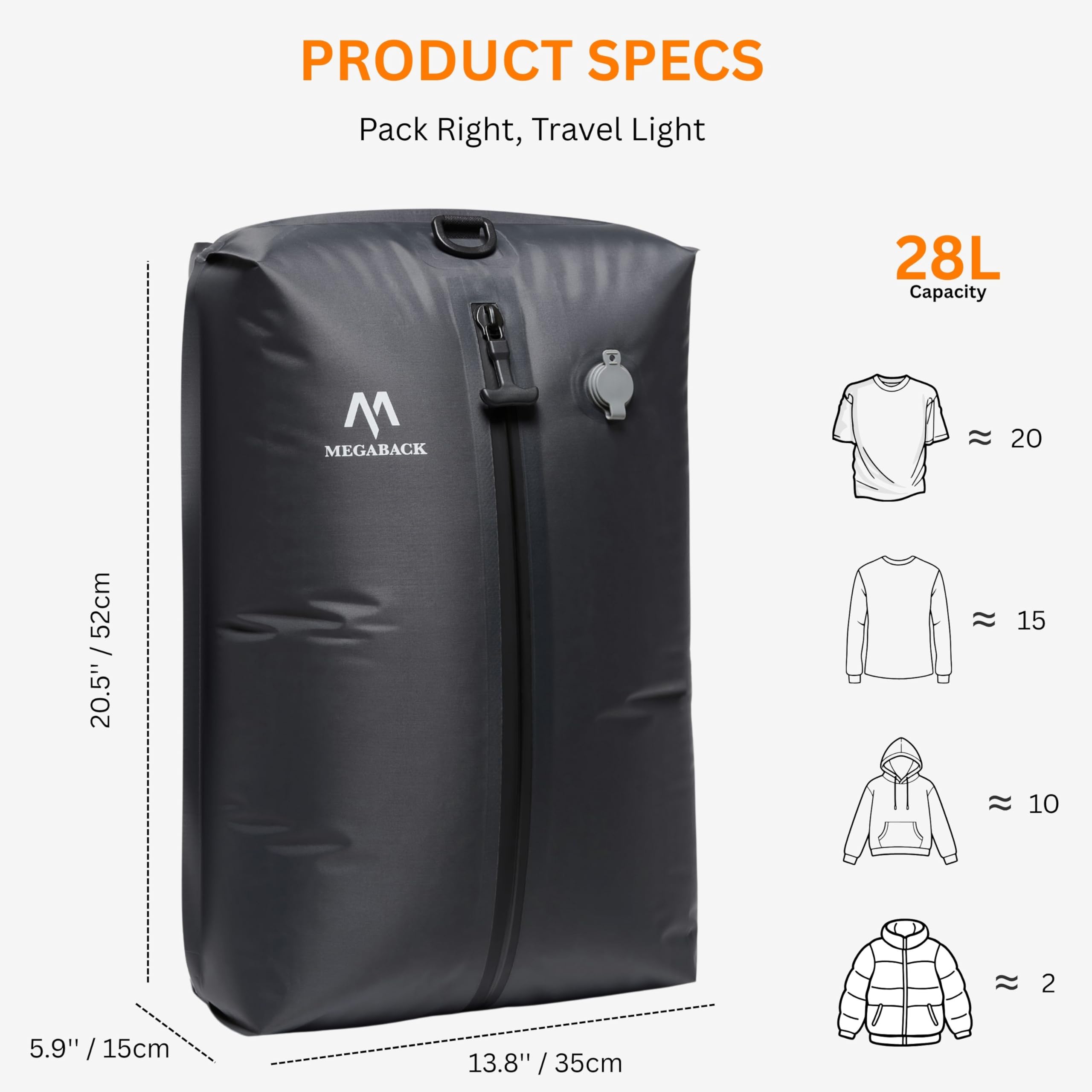 MEGABACK vacuum bag hiking camping keeps gear compact and protected