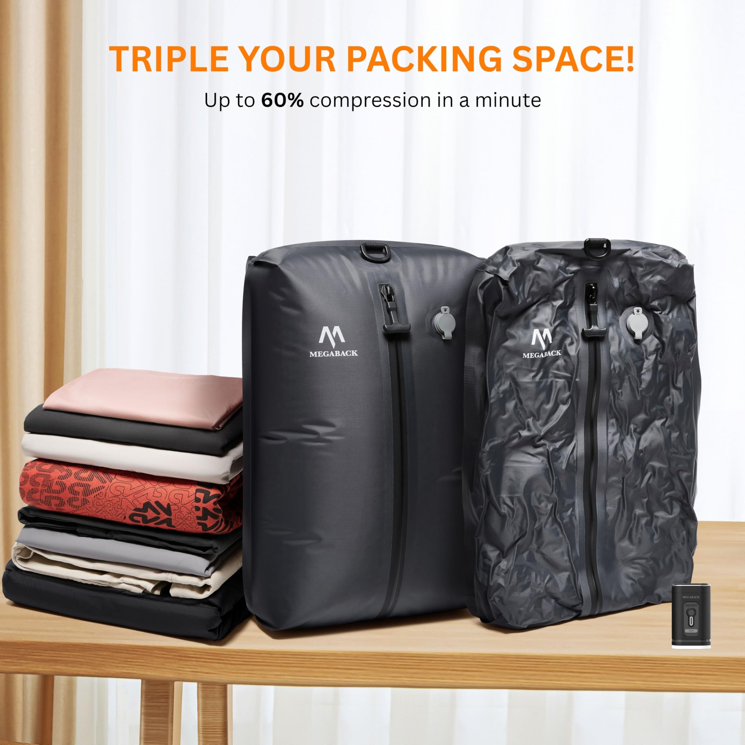 MEGABACK vacuum bag waterproof zipper protects contents during transit