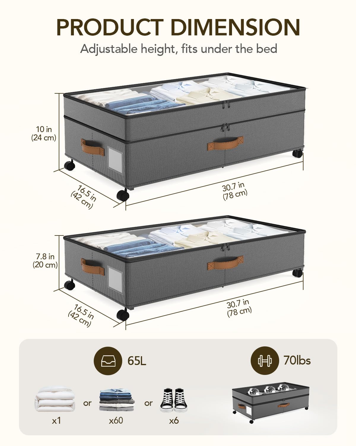Megapuxin 65L capacity under-bed bin stores clothes and blankets neatly