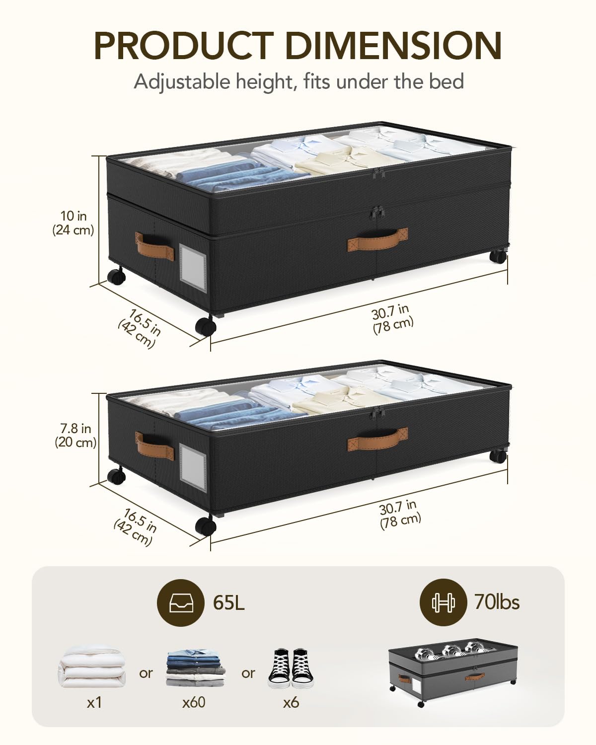Megapuxin 65L capacity under-bed storage holds bulky items neatly