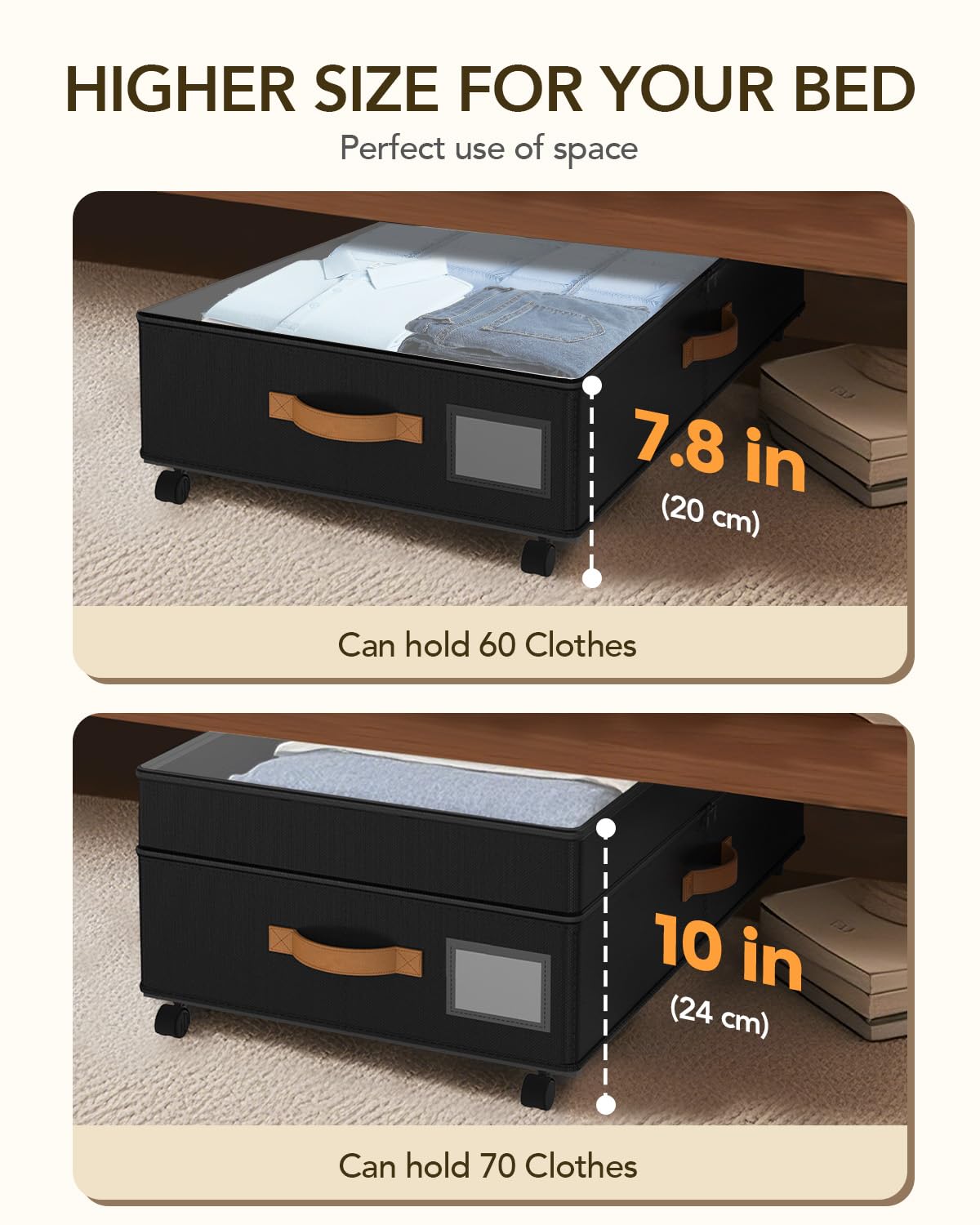 Megapuxin adjustable height fits under most beds from 7.8 to 10 inches