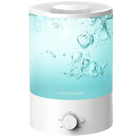 Megawise Topfill humidifier shows seven colorful lights with diffuser in a nursery.