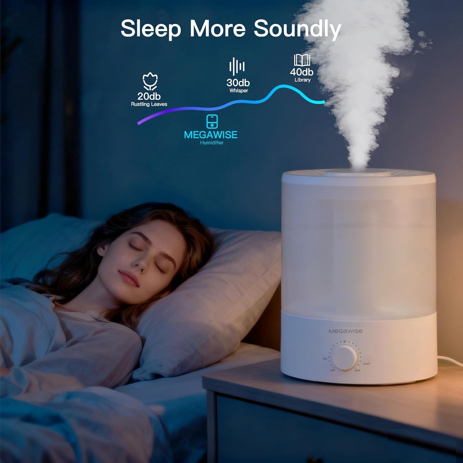 Megawise ultra-quiet humidifier operating quietly for peaceful sleep