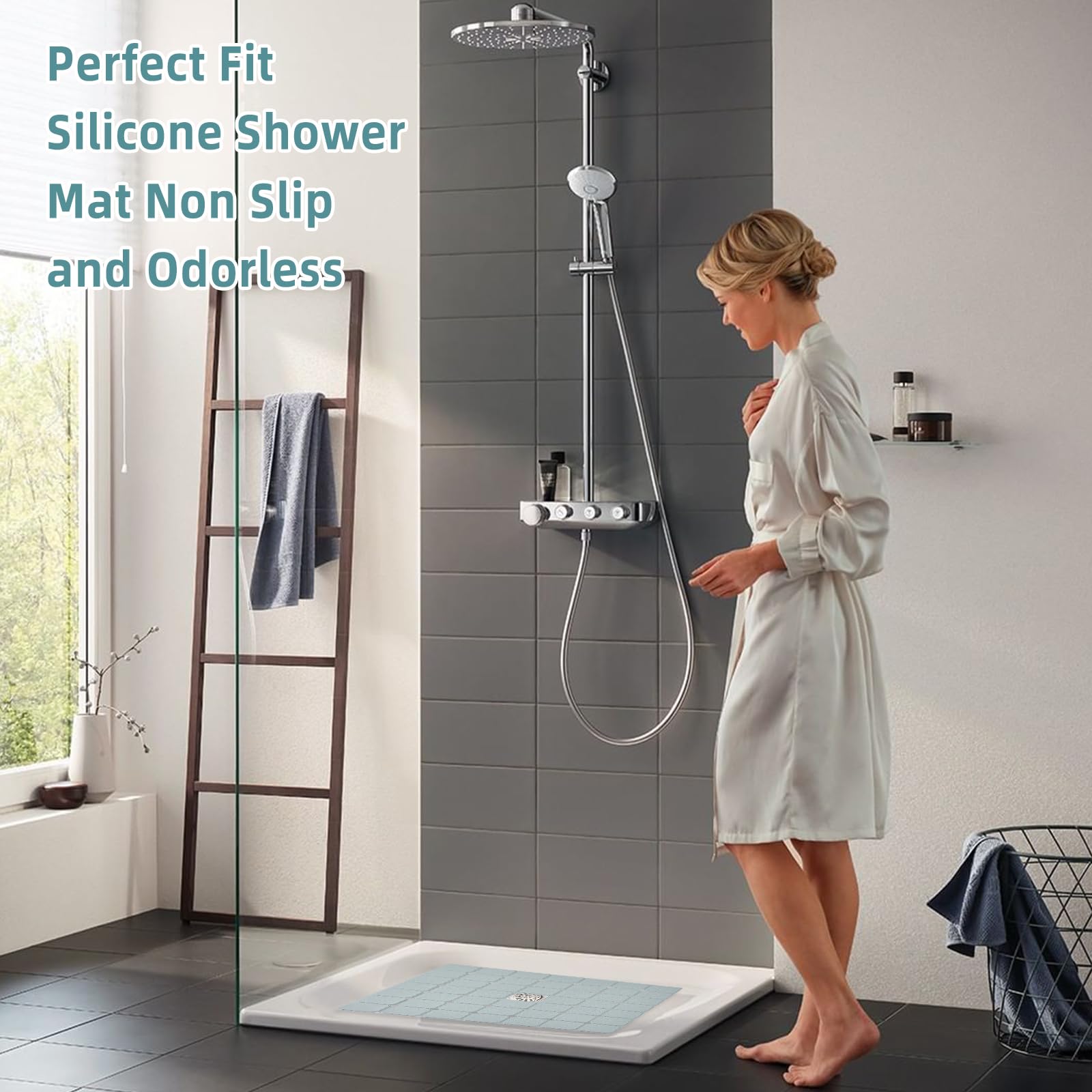 MeimeiDe grey shower mat fits standard tubs with soft touch.