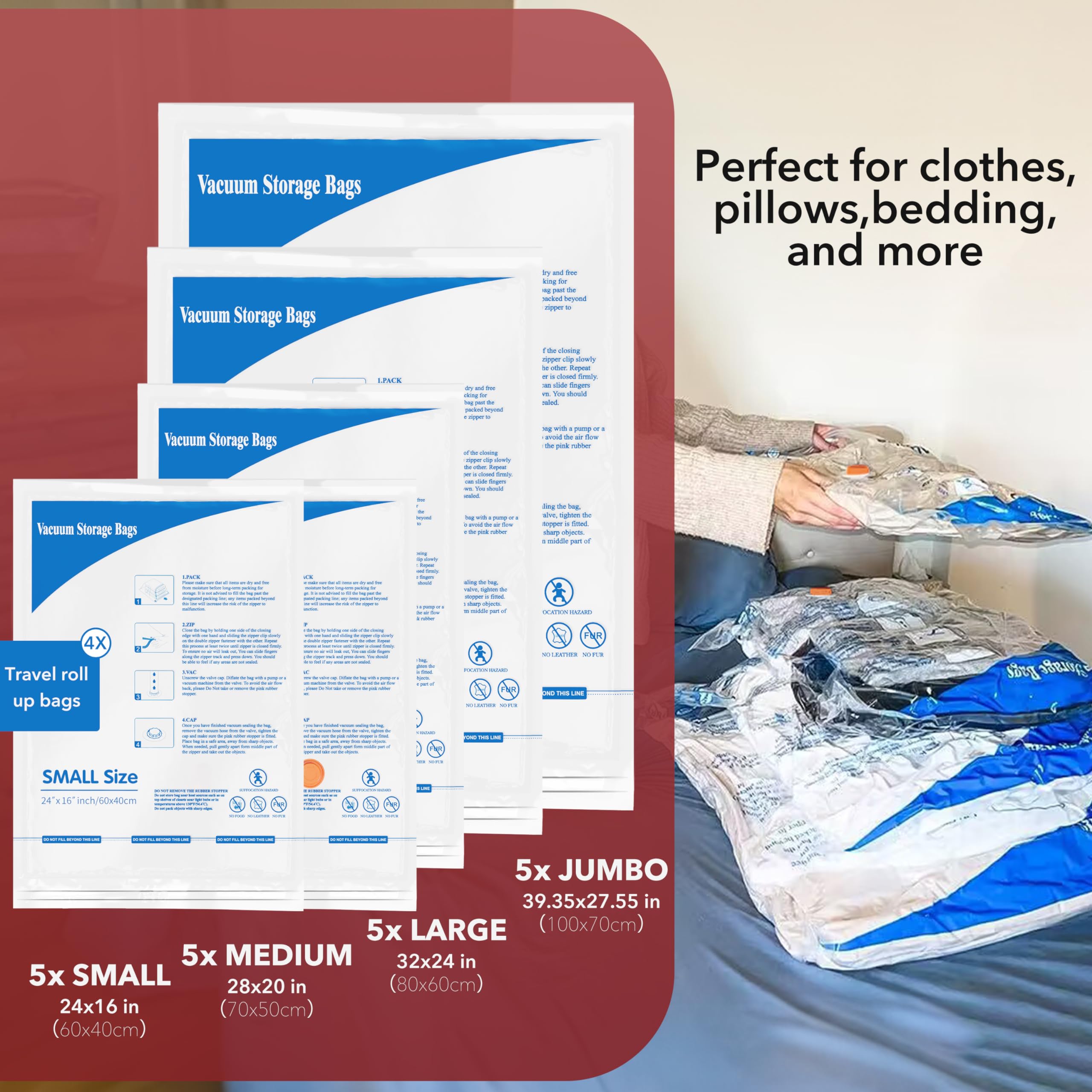 MEIQIHOME jumbo bags in use show bulk reduction for blankets and winter gear.