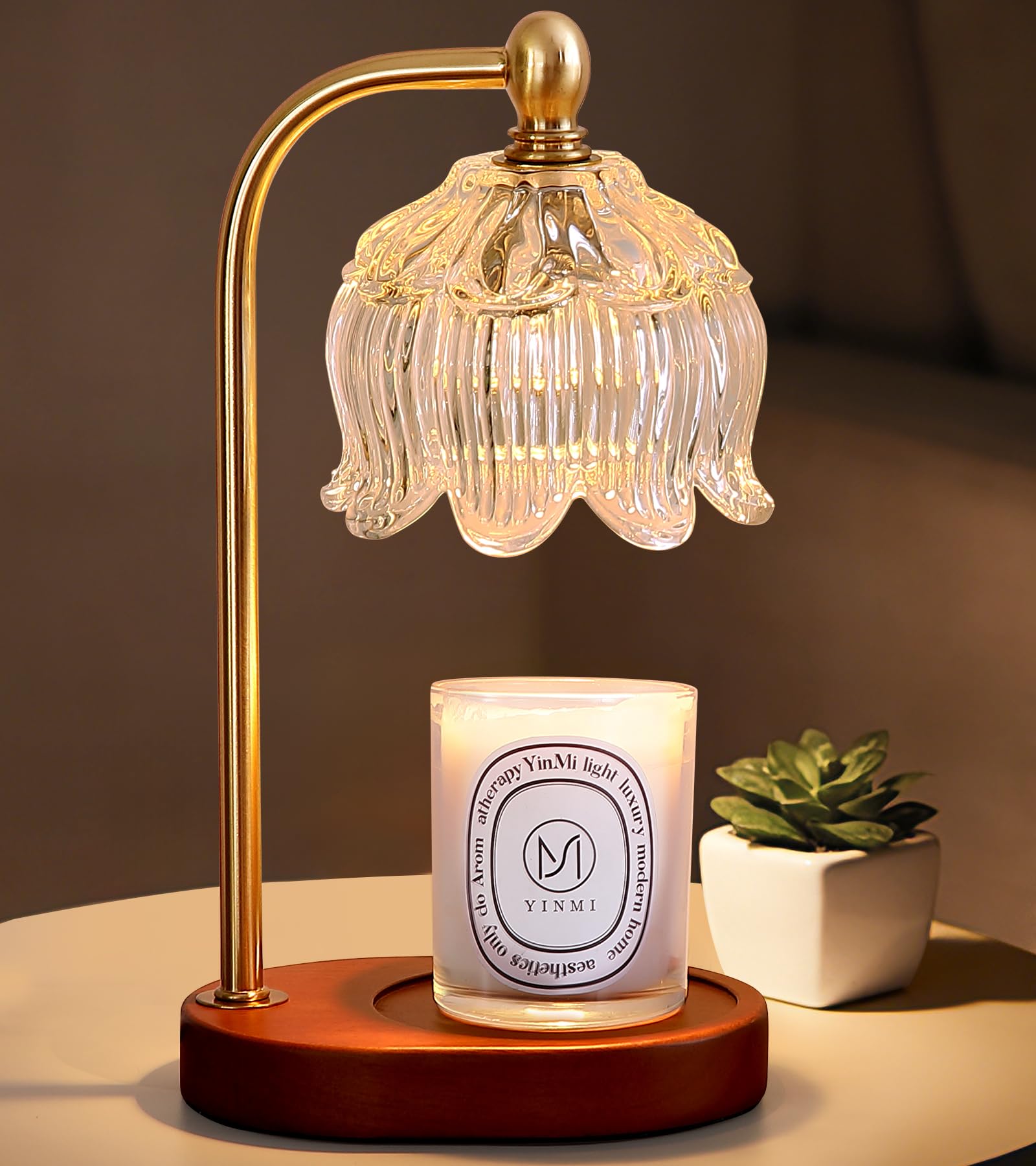 MEIXISUE antique-brass candle warmer lamp on a side table for flameless fragrance