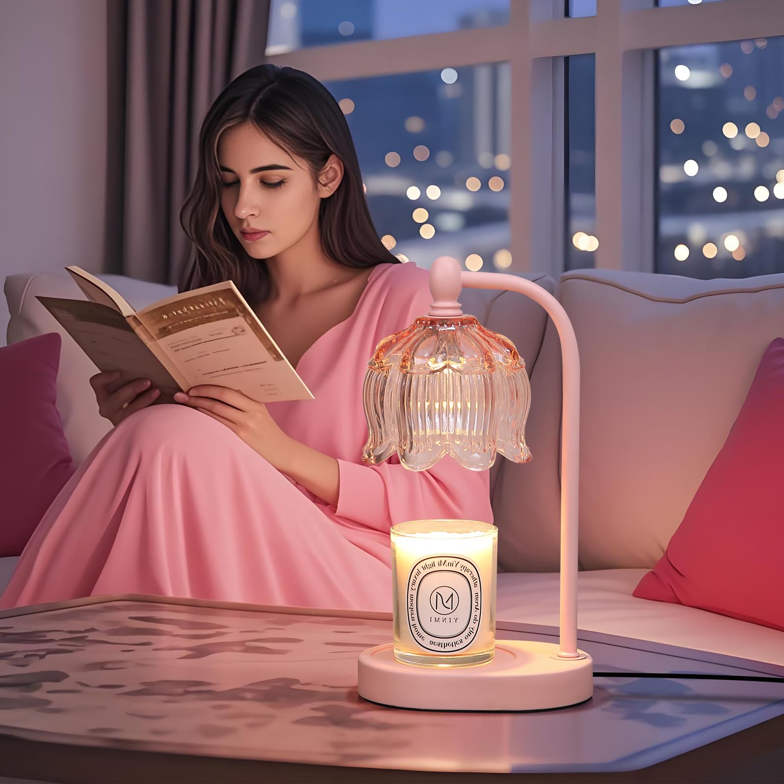 MEIXISUE pink candle warmer lamp side view highlights timer feature for safety.