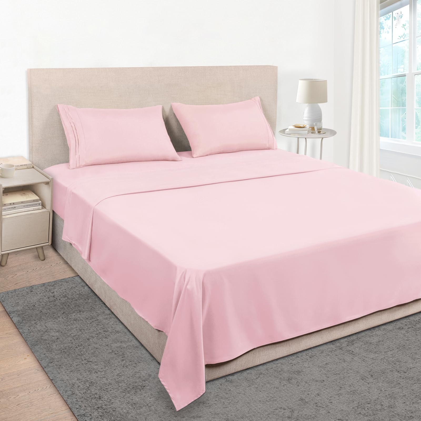 Mejoroom queen-size sheet set in blush pink for luxurious, comfortable sleep.