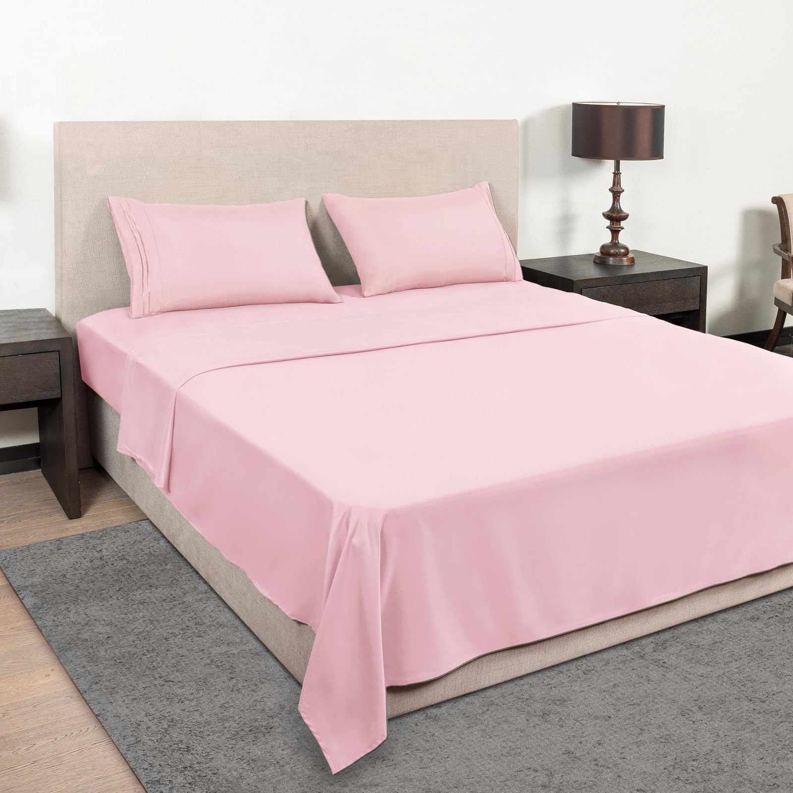 Mejoroom bedroom setup in blush tones adds hotel-like ambiance.