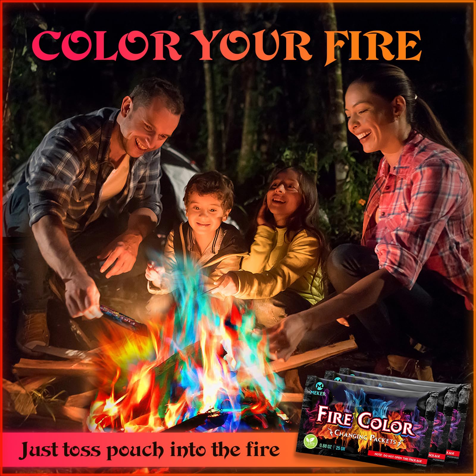 MEKER Fire Color Packets lighting vivid colors on embers.