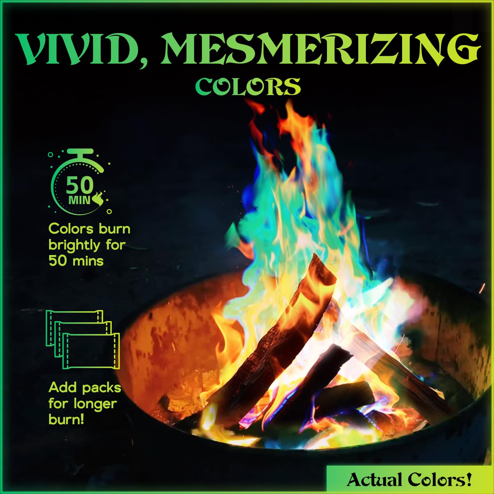 MEKER Fire Color Packets burning in a firepit with rainbow flames.