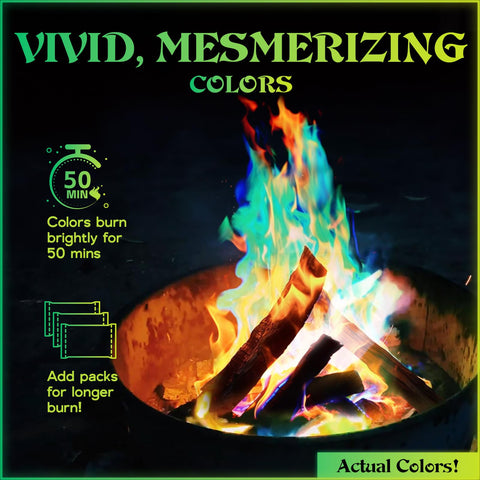 MEKER Fire Color Packets burning in a firepit with rainbow flames.