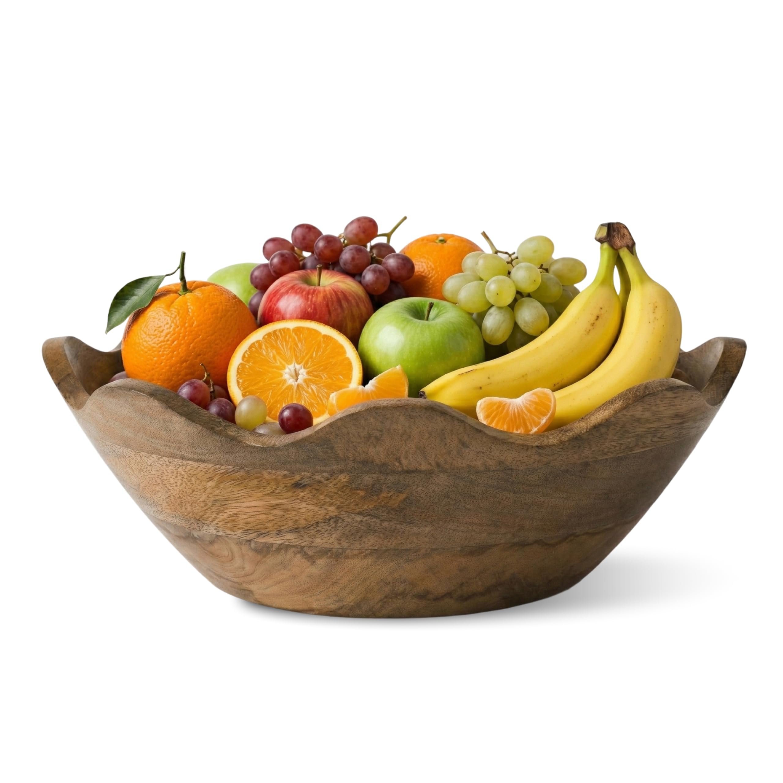 Mela Artisans mango wood scalloped bowl edge detail enhances rustic table decor.