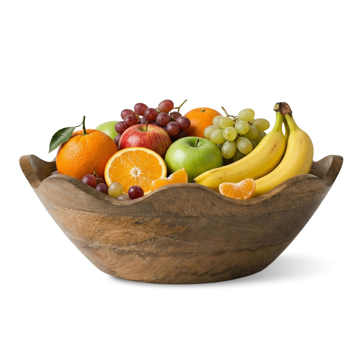 Mela Artisans mango wood scalloped bowl edge detail enhances rustic table decor.