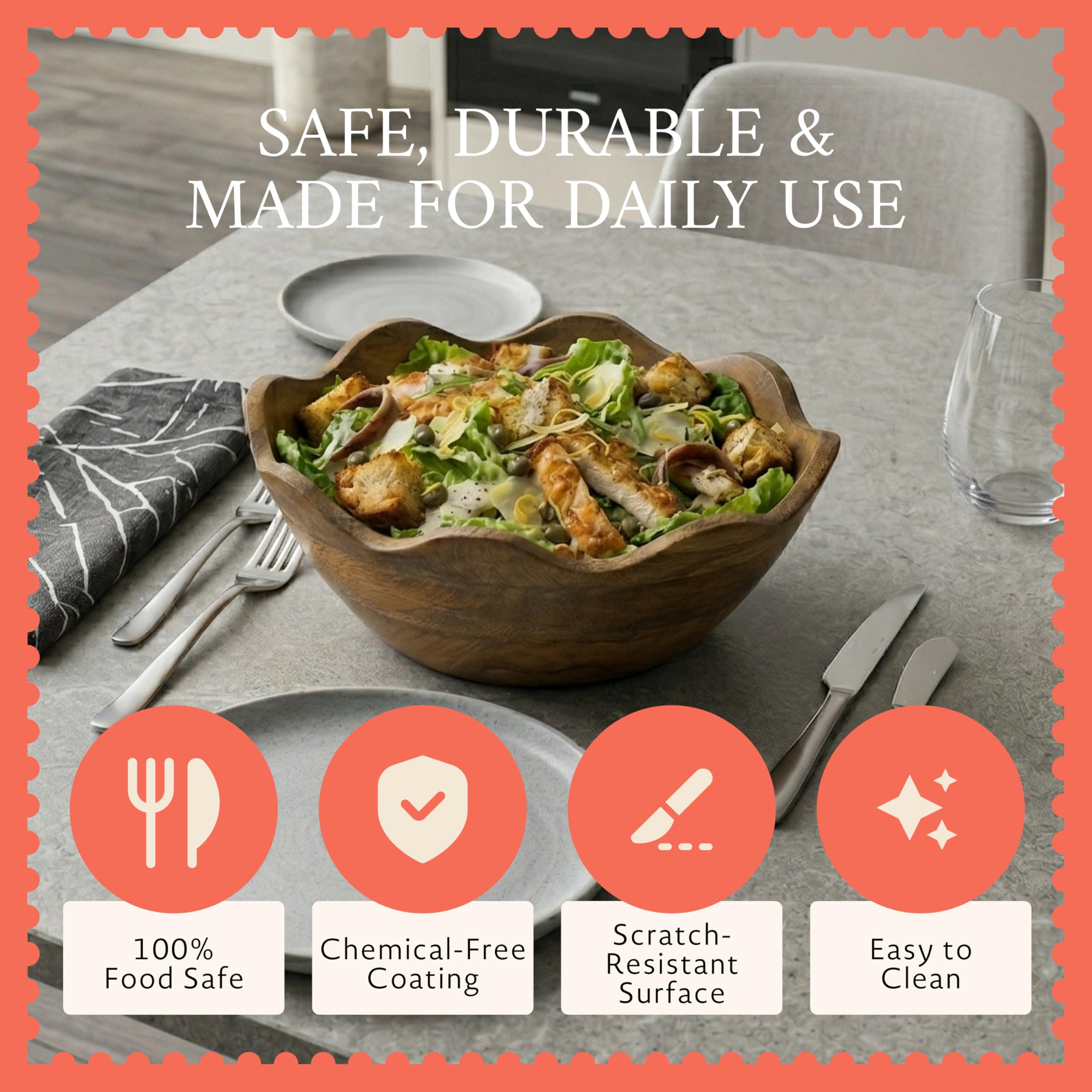 Mela Artisans 12-inch scalloped bowl on the counter creates warm focal point.