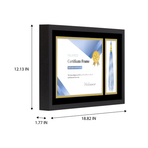Close-up of tassel opening on MELANNCO frame beside diploma