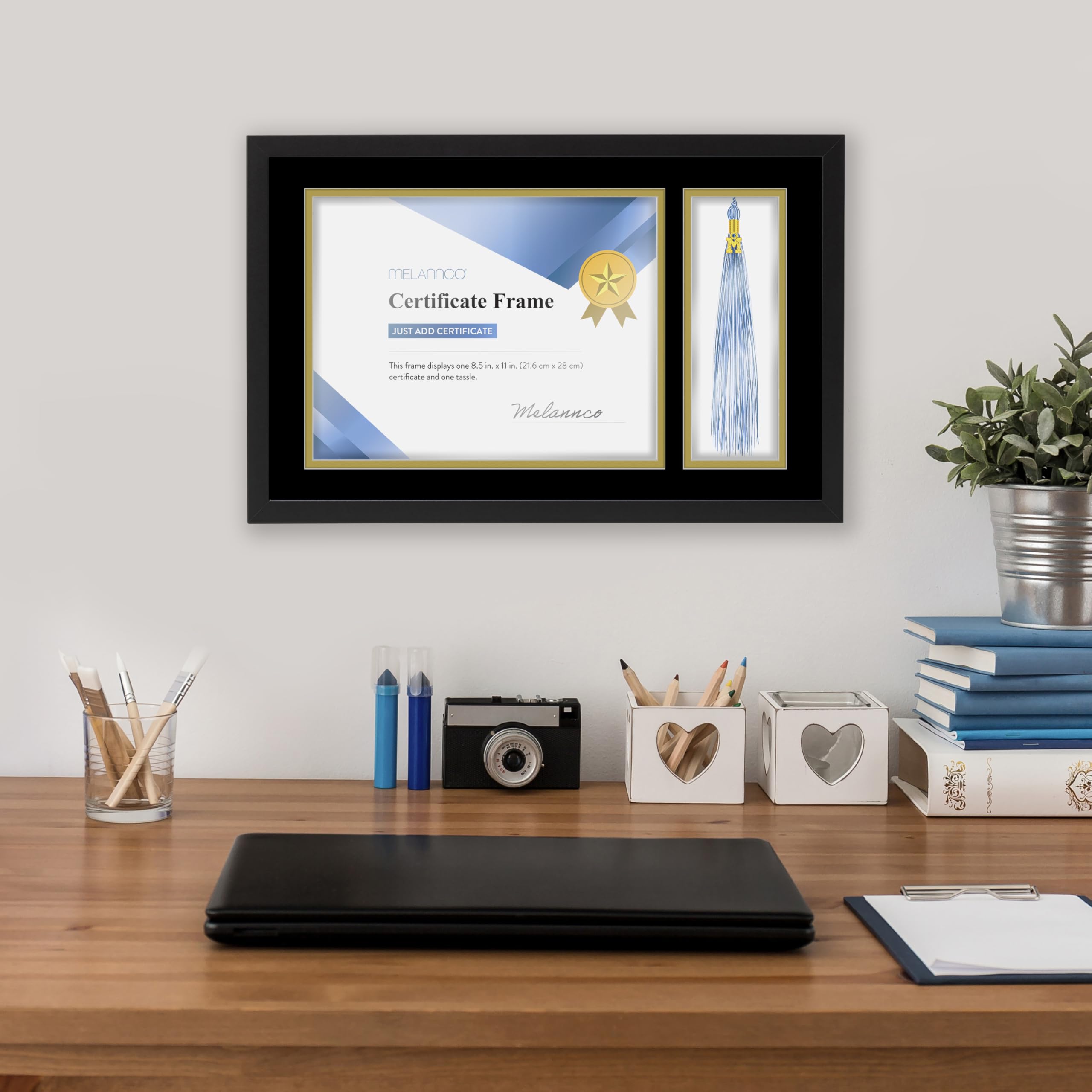 MELANNCO diploma frame displayed vertically in a home study