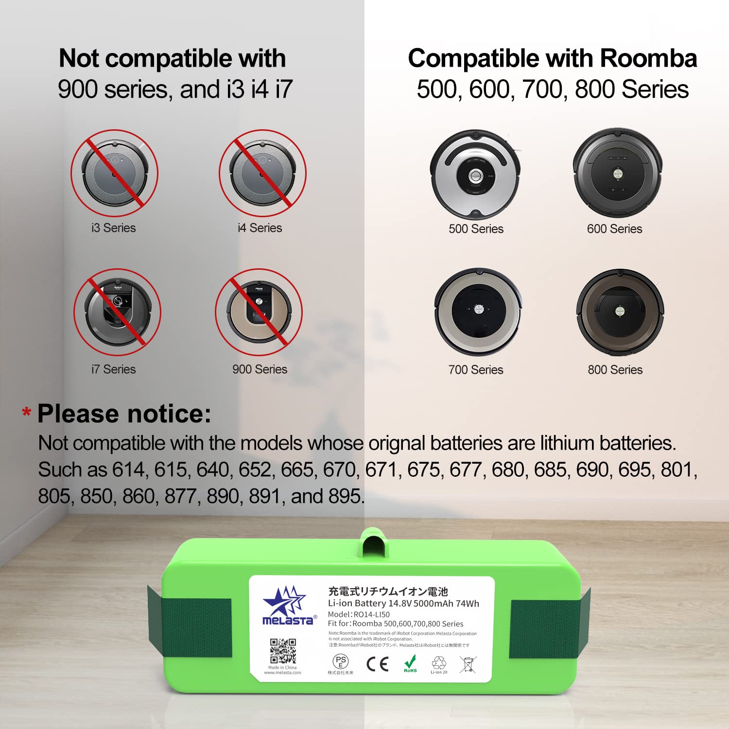 Melasta 5000mAh Roomba replacement for 700-800 series extends cleaning time
