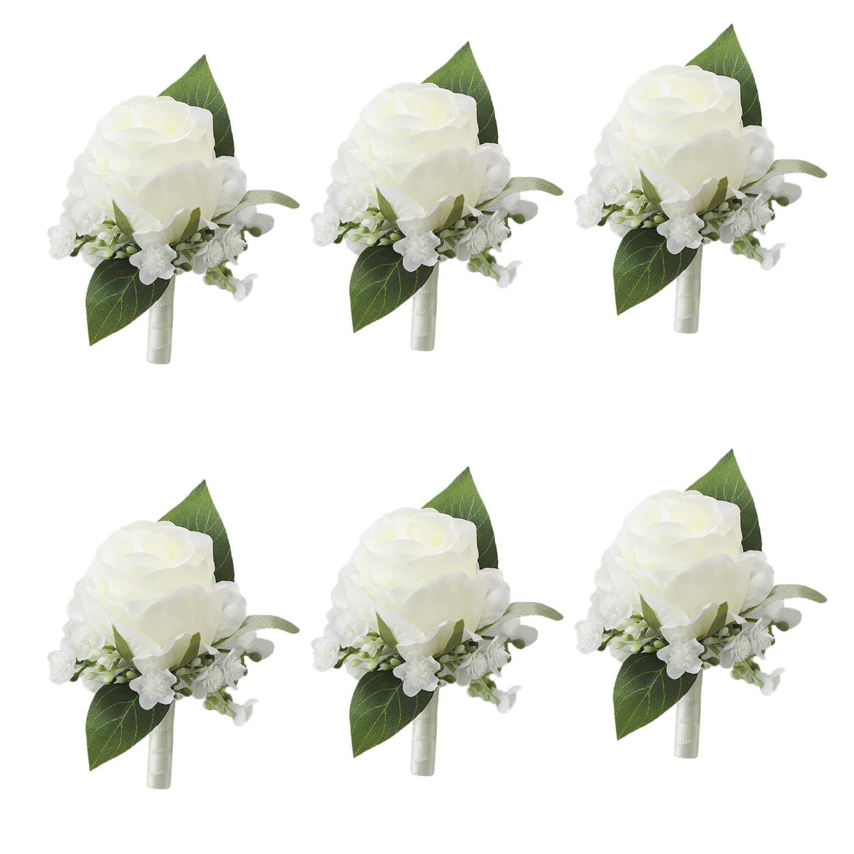 Meldel White Boutonniere with rose detail for groomsmen featuring lifelike blooms.